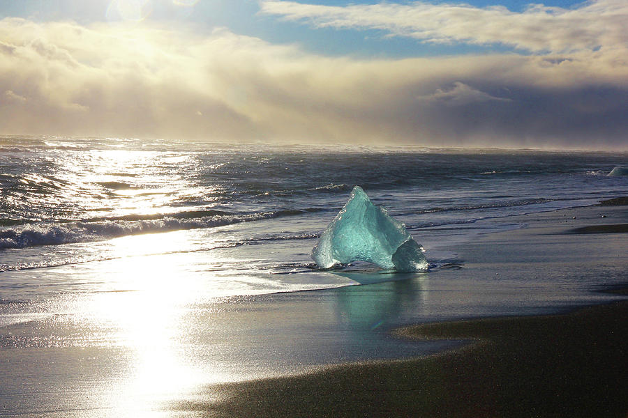 Diamond on Diamond Beach Black Sand Waves Clouds Iceland 2 2192018 2023.jpg Photograph by David Frederick