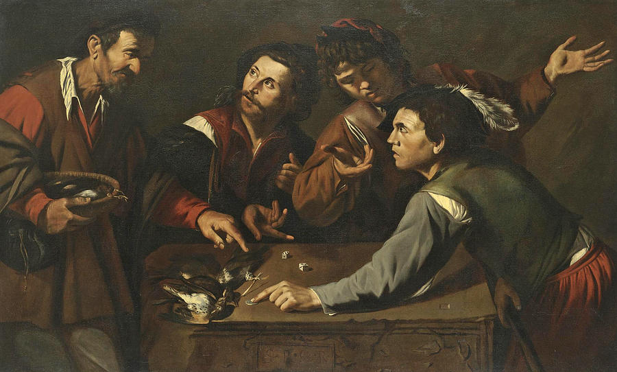 Dice-Players and a Bird-Seller gathered around a Stone Slab Painting by Master of the Gamblers