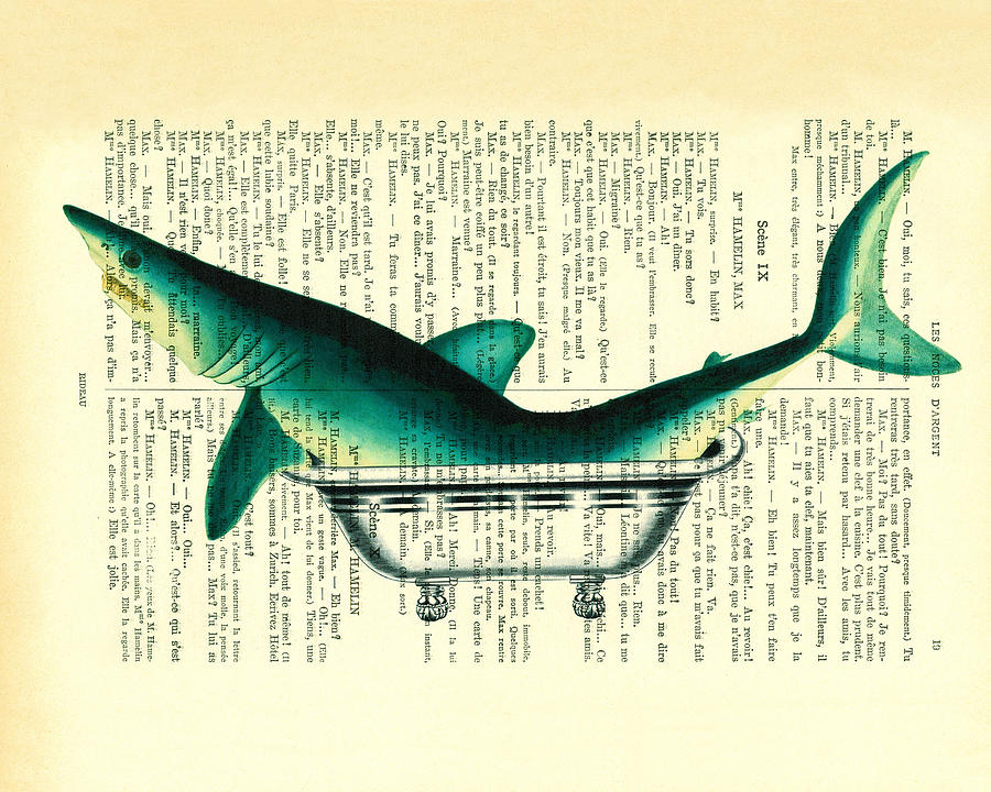 Vintage Digital Art - Shark in bathtub illustration on dictionary paper by Madame Memento