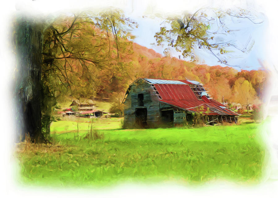 Digital Painting Of A Barn During Fall Digital Art