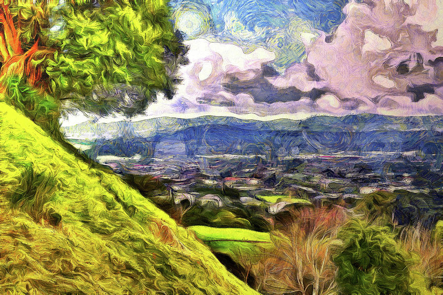 Digital Painting Of A View From Top Of A Hill Across A Village W Digital Art