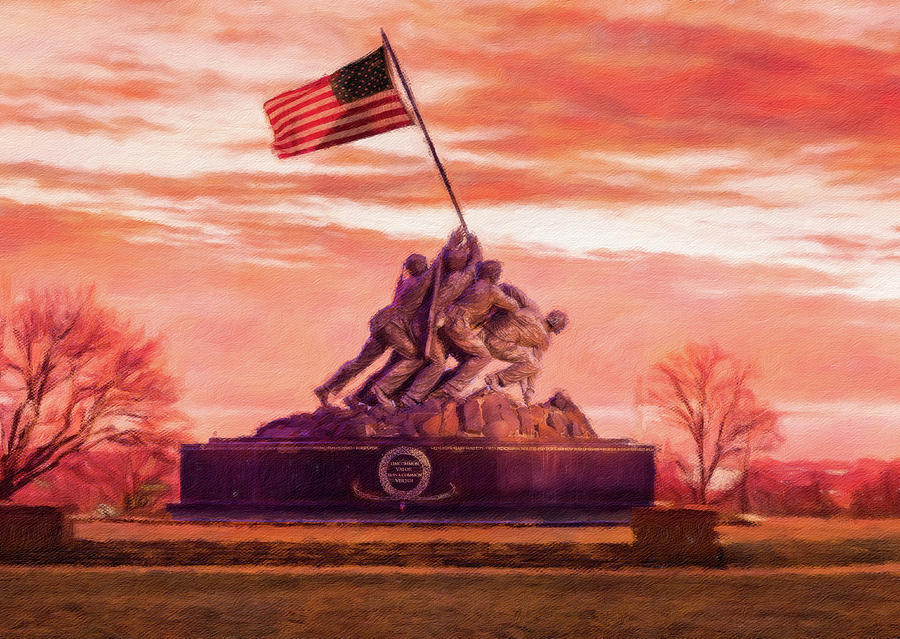 Digital painting of Iwo Jima Memorial at dawn as sun rises Digital Art by Steven Heap