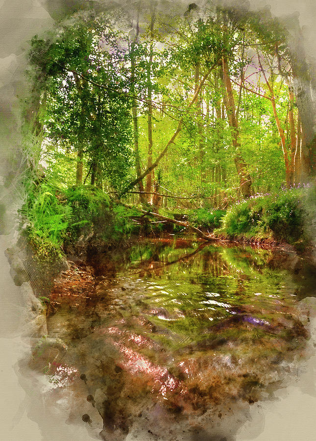 Digital watercolor painting of Beautiful image of stream flowing ...