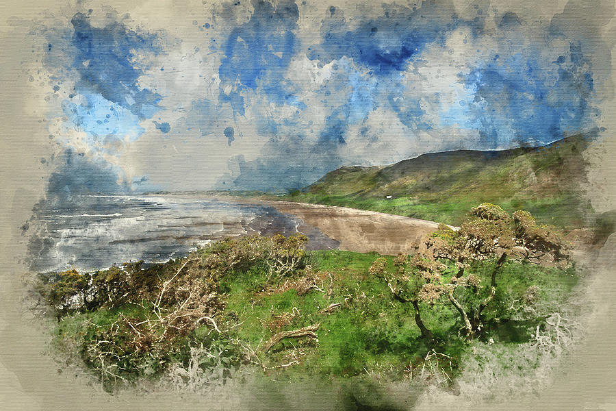 Download Digital Watercolor Painting Of Beautiful Summer Landscape Of Rhosilli Bay Beach In Wales Photograph By Matthew Gibson