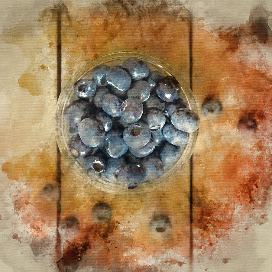 Digital Watercolor Painting Of Blueberries In Rustic Kitchen Set
