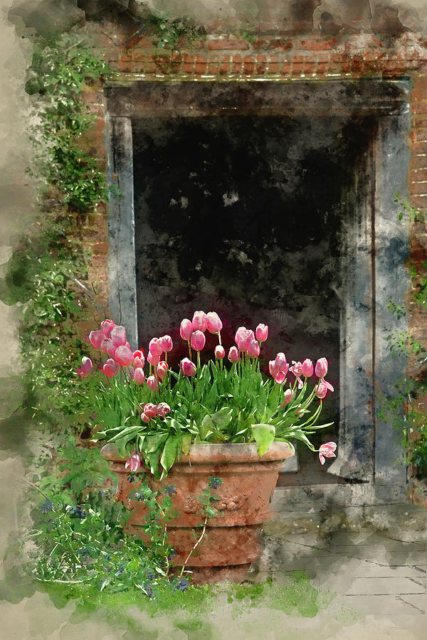 Digital watercolour painting of English country house garden in Spring Photograph by Matthew Gibson