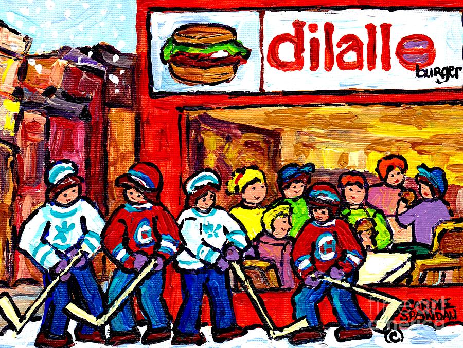Dilallo Burger Hamburger Restaurant Paintings Montreal Winter Scenes Hockey Art Canadian Artist Painting by Carole Spandau