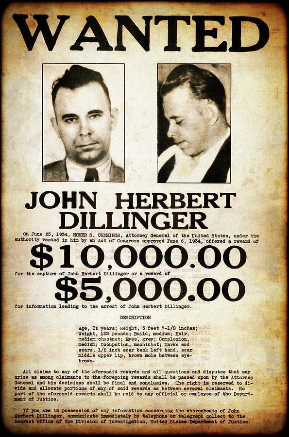 Dillinger Public Enemy No. 1 Wanted Poster 1934 Photograph by Daniel ...