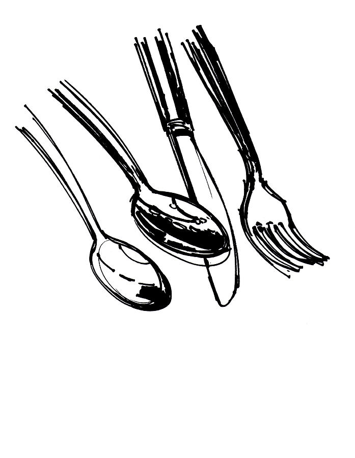 Black And White Drawing - Diner Drawing Spoons, Knife, and Fork by Chad Glass