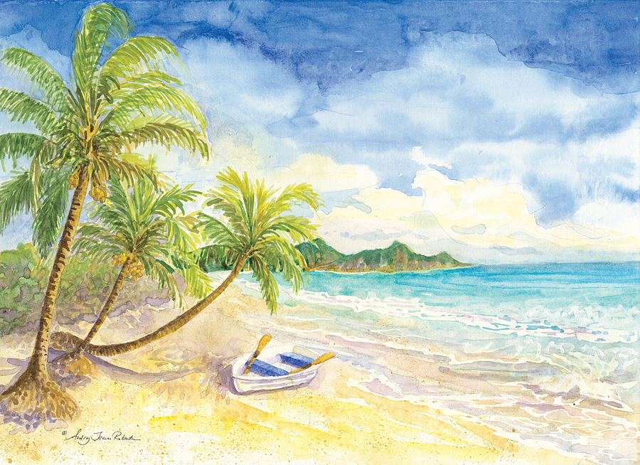 Dinghy on the Tropical Beach with Palm Trees Painting by Audrey Jeanne Roberts