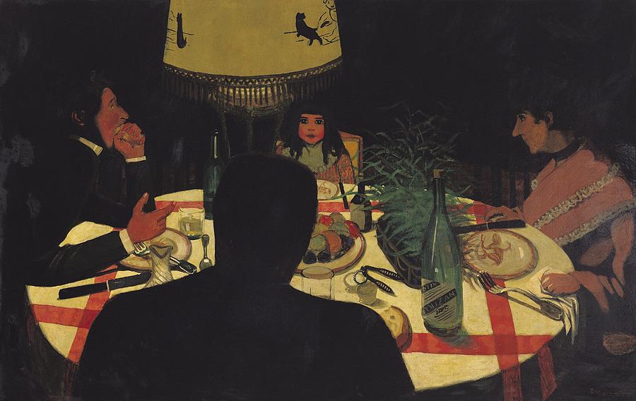 Wine Painting - Dinner by Lamplight by Felix Vallotton
