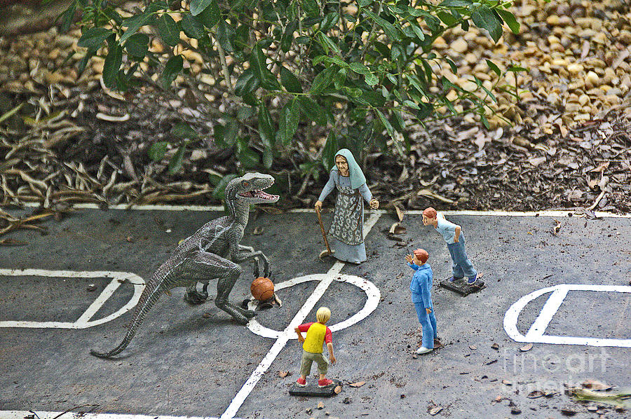 Dinosaur playing Basketball with Homo sapiens  Photograph by David Frederick