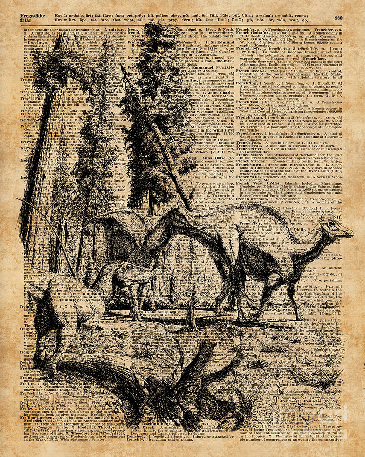 Prehistoric Digital Art - Dinosaurs in Forest Vintage Dictionary Art Illustration by Anna W