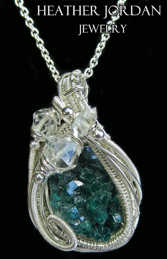 Sterling Silver Jewelry - Dioptase Wire-Wrapped Pendant in Sterling Silver with Herkimer Diamonds - DIOPSS1 by Heather Jordan
