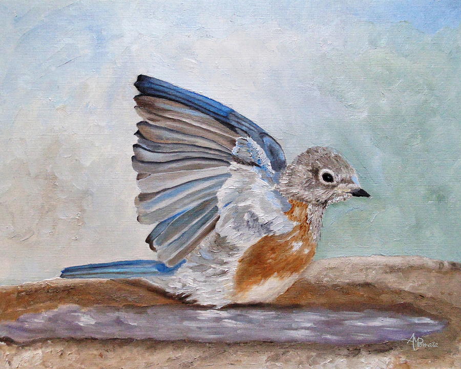 Bluebird Painting - Dip Time - Eastern Bluebird by Angeles M Pomata