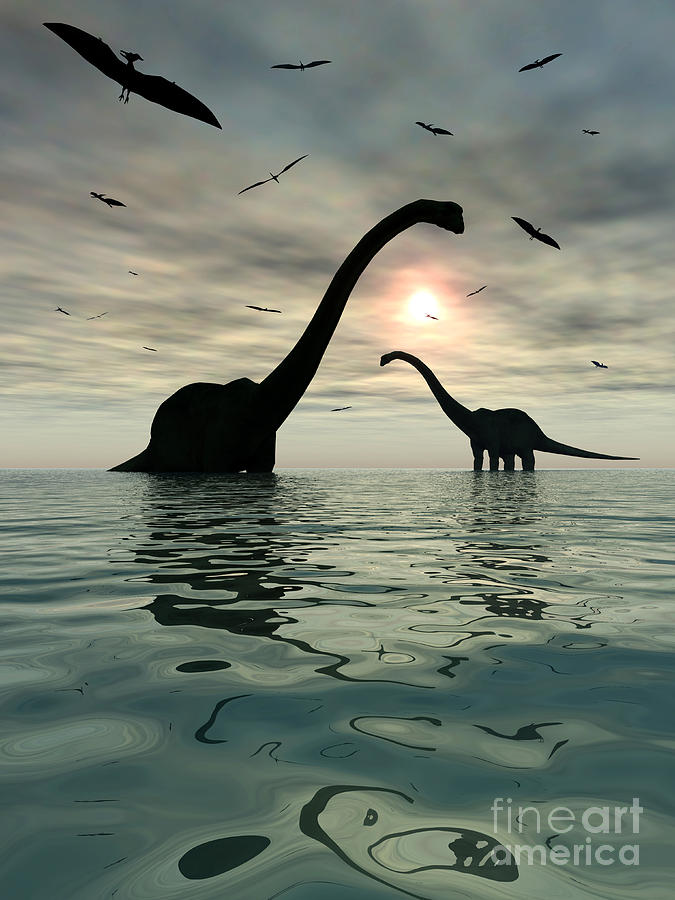 Diplodocus Dinosaurs Bathe In A Large Digital Art by Mark Stevenson