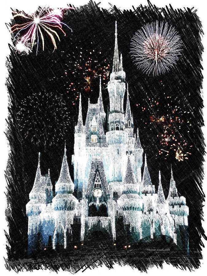 Disney World Castle With Fireworks PA 01 Vertical Photograph by Thomas Woolworth