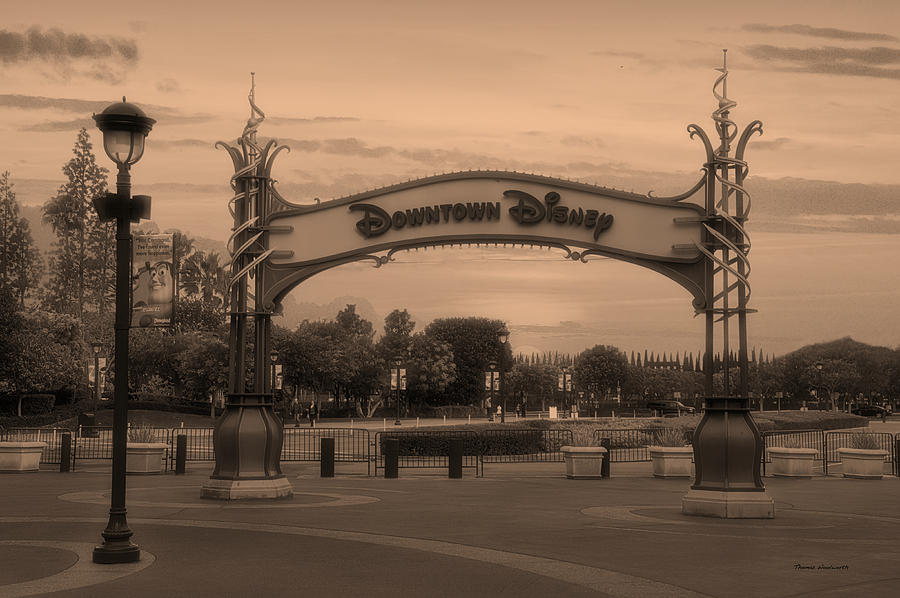Disneyland Downtown Disney Signage Sepia Mixed Media by Thomas Woolworth