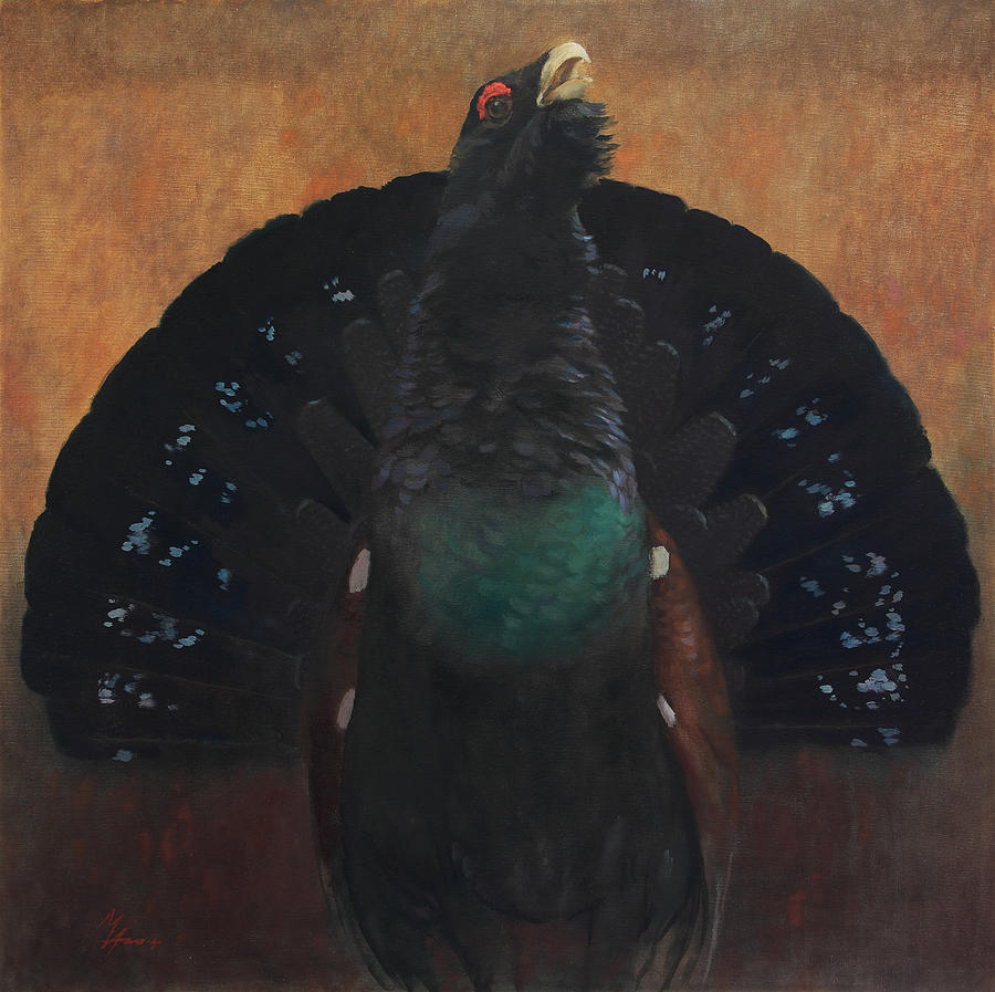 Displaying Wood Grouse or Heather Cock Painting by Attila Meszlenyi