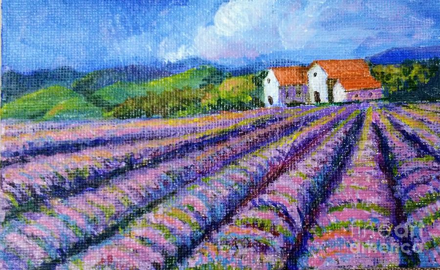 Distant  houses and lavender fields Painting by Asha Sudhaker Shenoy