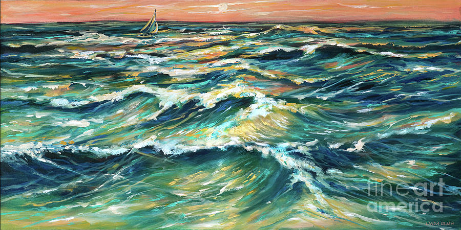 Distant Sail at Sunset Painting by Linda Olsen