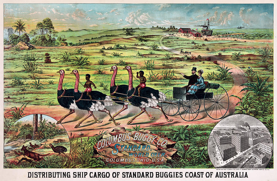 Distributing ship cargo of standard buggies coast of Australia 1900 Painting by Vincent Monozlay