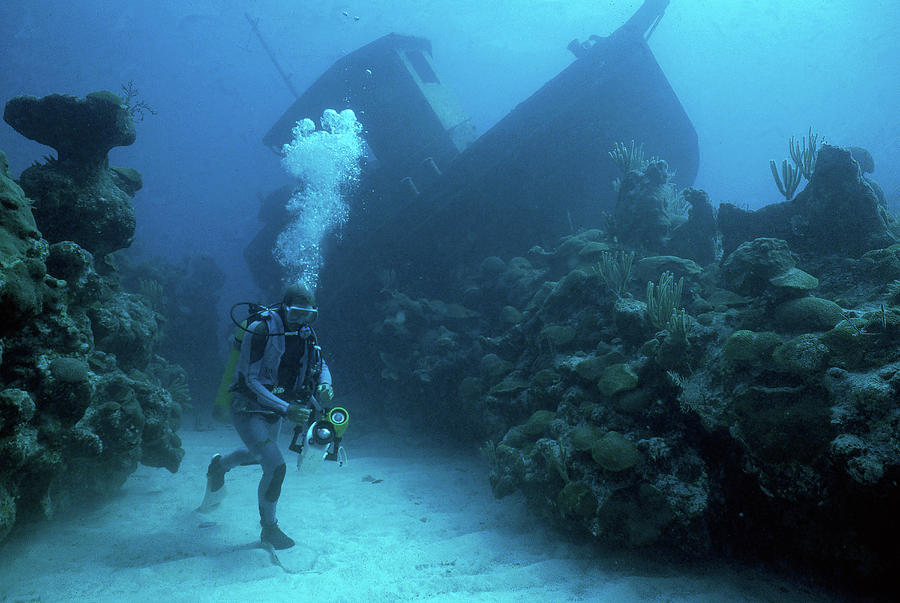 Scuba Diver Near Sunken Ship In Bermuda Photograph