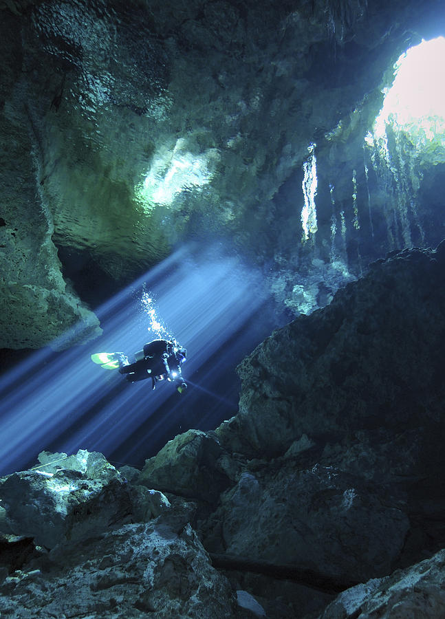 Blue Photograph - Diver Silhouetted In Sunrays Of Cenote by Karen Doody