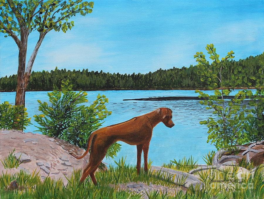 Dixie at the Lake - Rhodesian Ridgeback Painting by Barbara A Griffin