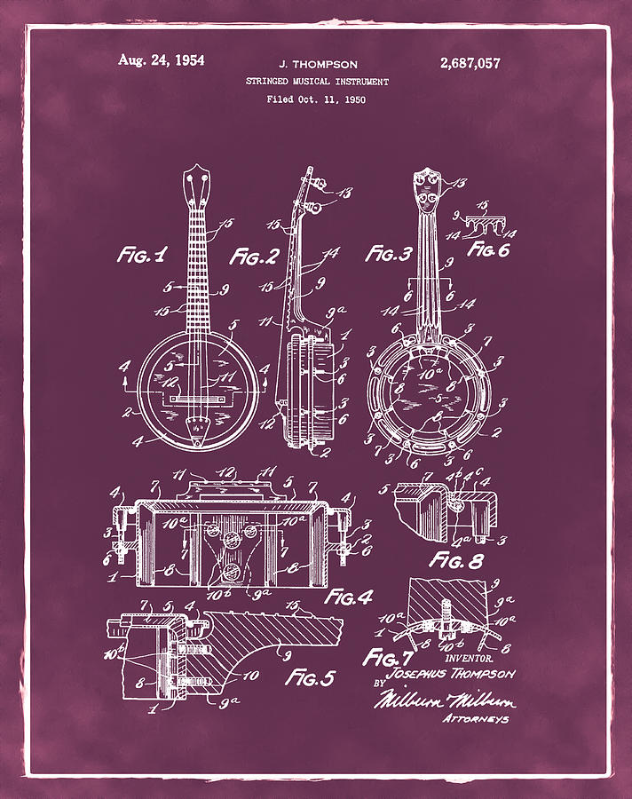 Music Digital Art - Dixie Banjolele Patent 1954 in Red by Bill Cannon