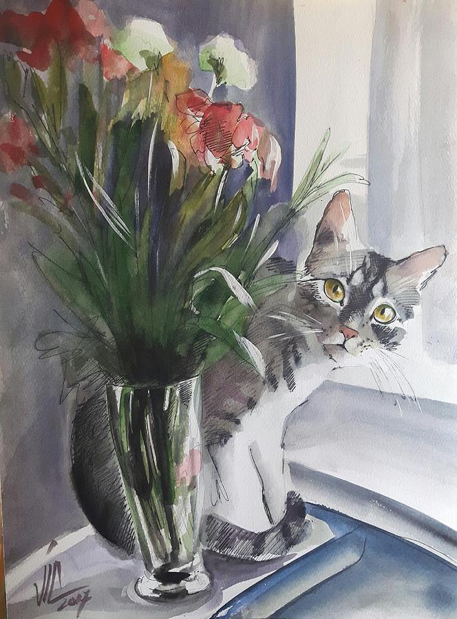 Cat Painting - Do you see me? Pet portrait in watercolor .Modern cat art with flowers  by Vali Irina Ciobanu