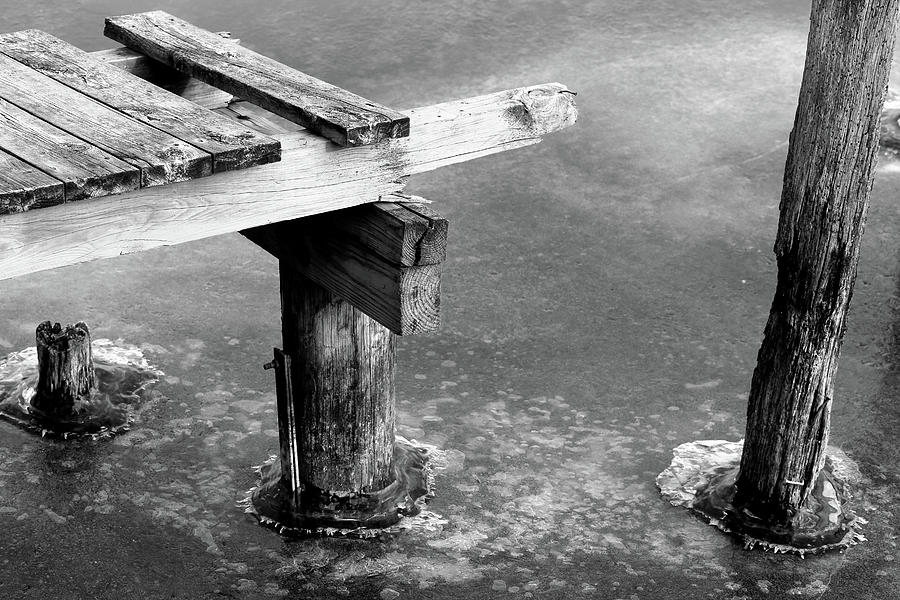 Dock to Nowhere in Ice 2017 BW Photograph by Mary Bedy