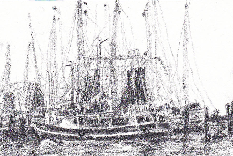 Boat Drawing - Docked Back Bay - Shrimp Boat by Barry Jones