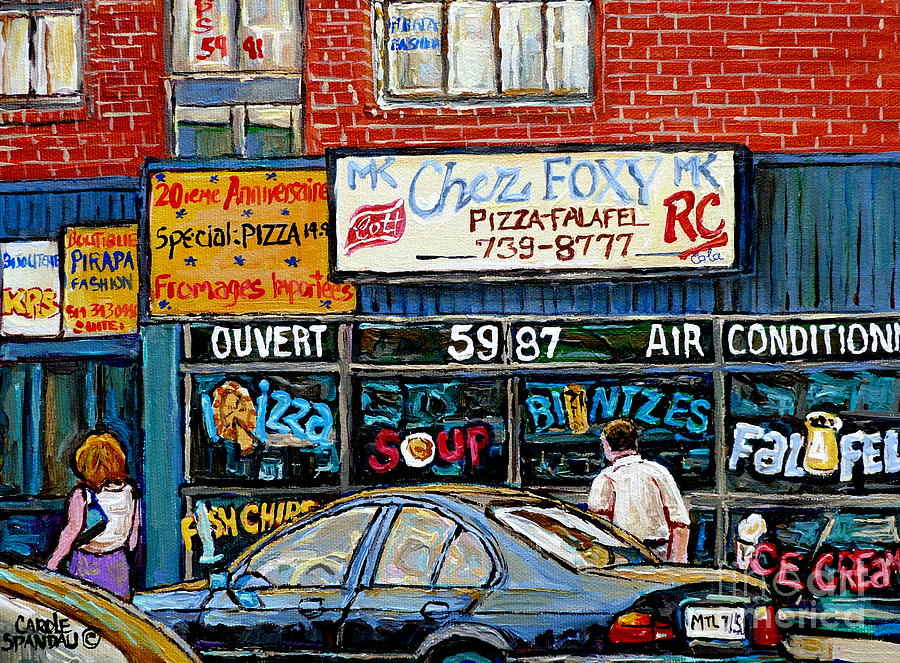 Documenting Vintage Montreal Pizza Places Chez Foxy Kosher Deli Street Scene Paintings C Spandau Art Painting by Carole Spandau