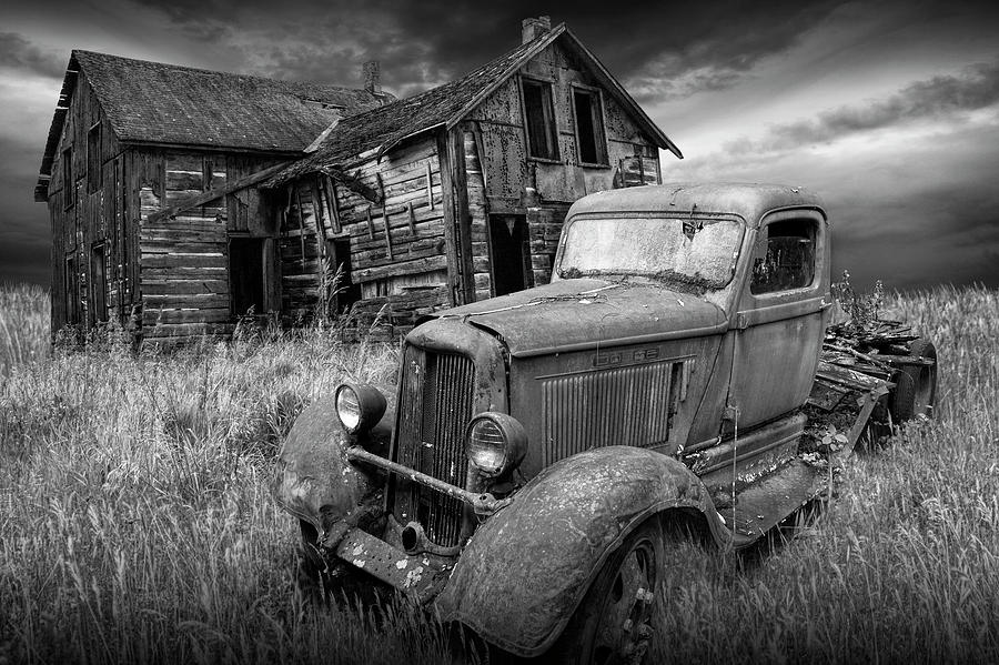Dodge Truck and Farm House Abandoned  in the Midwest Photograph by Randall Nyhof