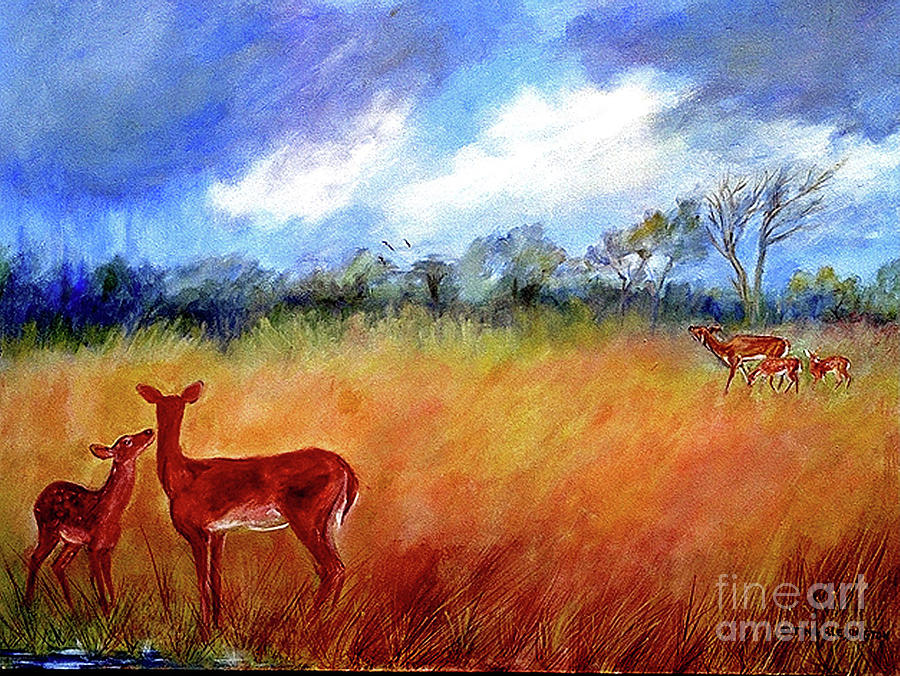 Doe and Fawn in Impending Storm Painting by Doris Blessington