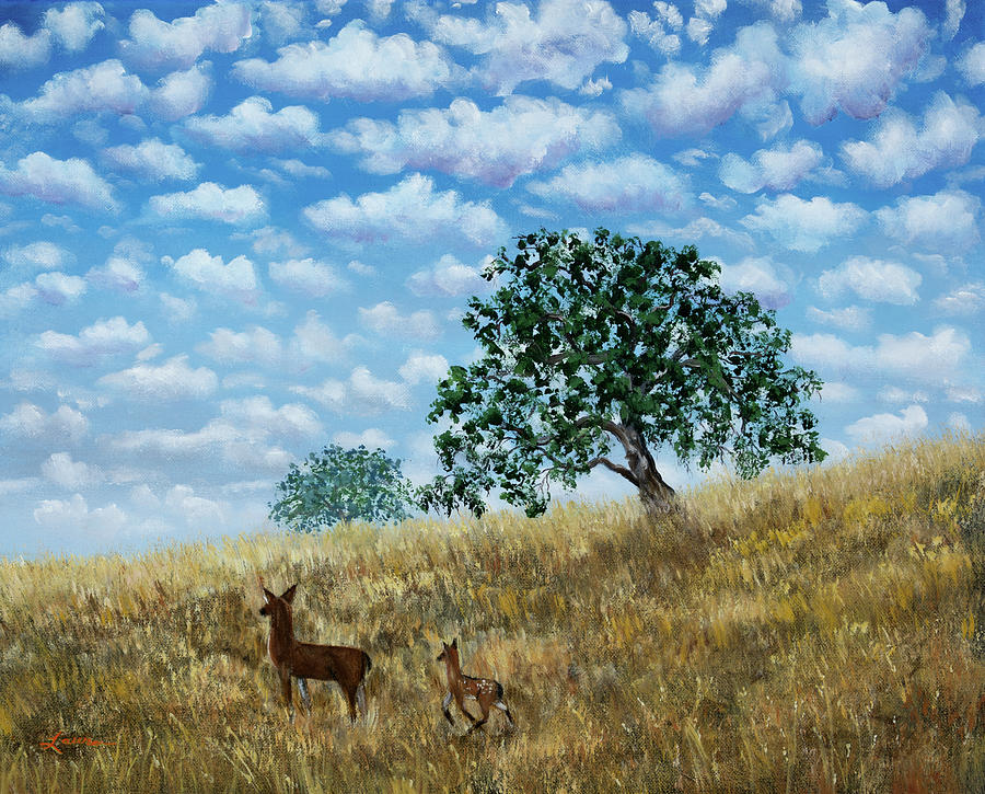 Doe and Fawn Under White Fluffy Clouds Painting by Laura Iverson