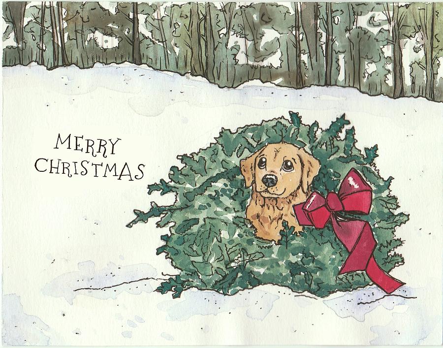 Dog Christmas Wreath Painting by Katrina Davis