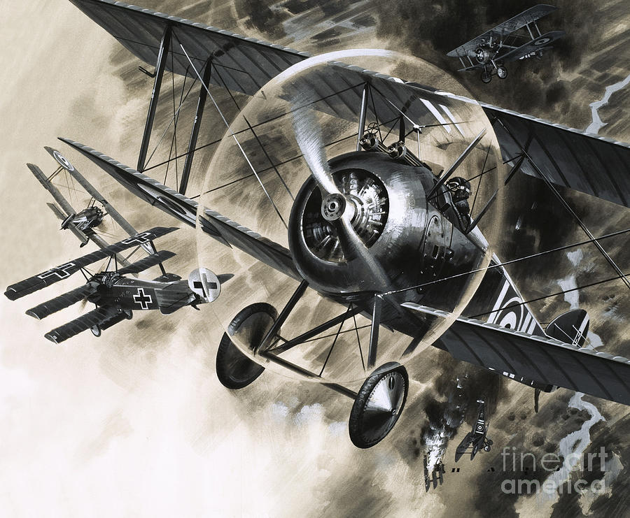 Dog Fight between British biplanes and a German triplane Painting by Wilf Hardy