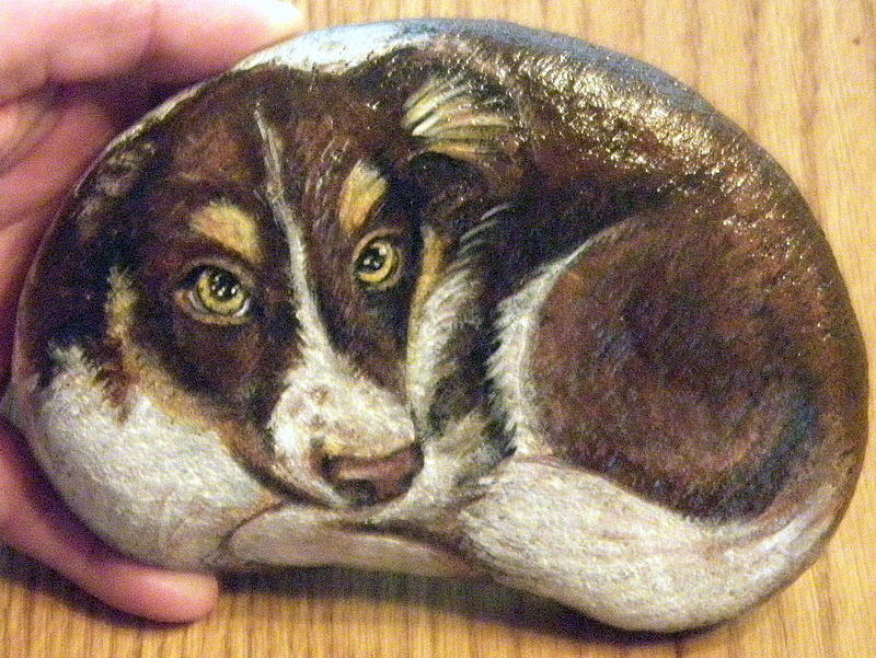 Dog Painted on Rock Mixed Media by Linda Nielsen