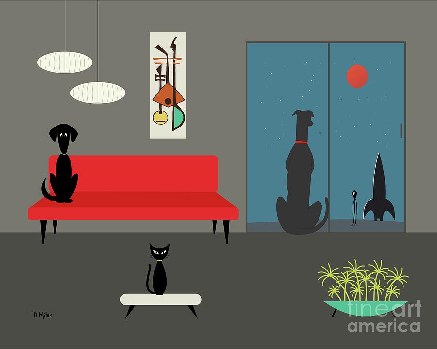 Dog Spies Alien Gray Room Digital Art by Donna Mibus