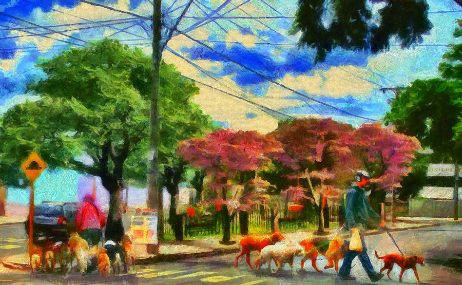 Dog Digital Art - Dog Walkers at Rebelo Square by Caito Junqueira