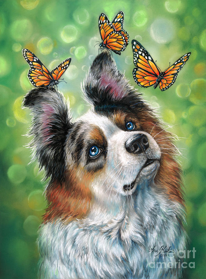 Green Pastel - Dog with butterflies by Anne Koivumaki - Fine Art Anne