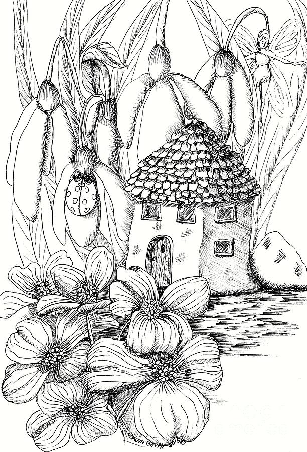 Dog Wood Garden Fairy House Drawing by Dawn Boyer