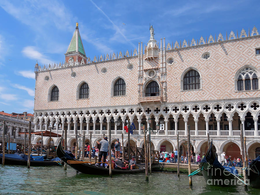 Doge's Palace Photograph - Doges Palace and gondolasin Venice Italy by Louise Heusinkveld