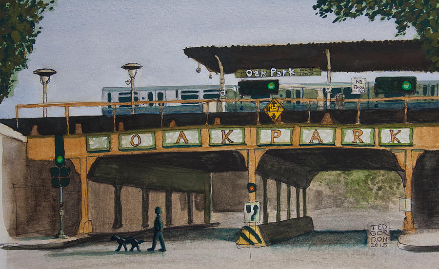 Chicago Painting - Dogs and Trains in the Village by Ted Gordon
