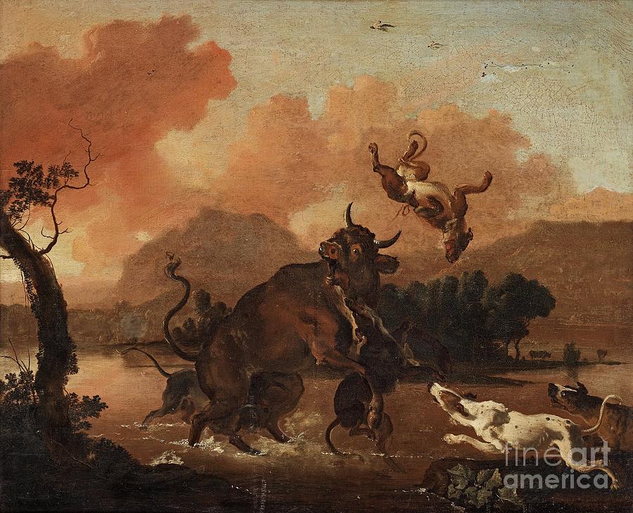Dogs attacking a bull Painting by Celestial Images