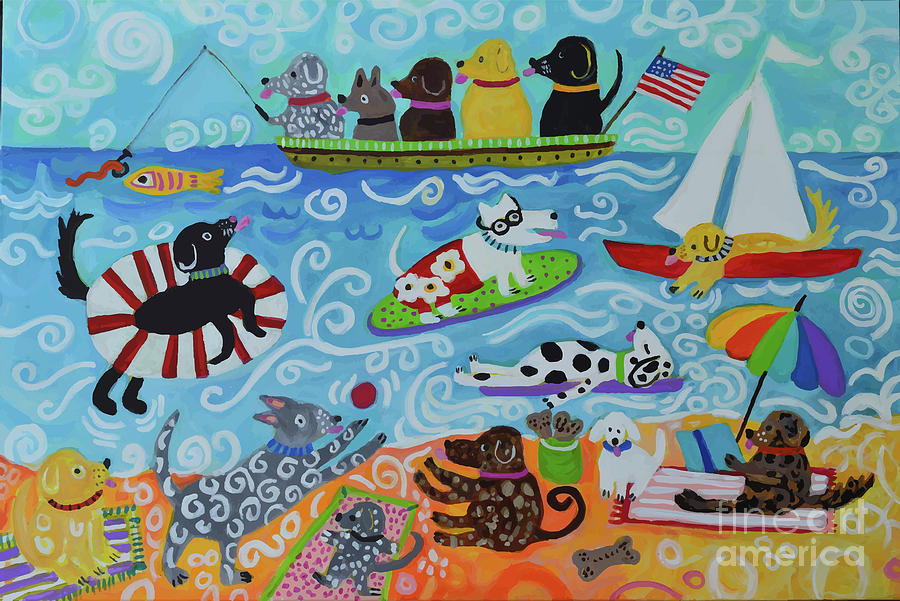Dog Painting - Dogs Playing in the Water by Karen Fields