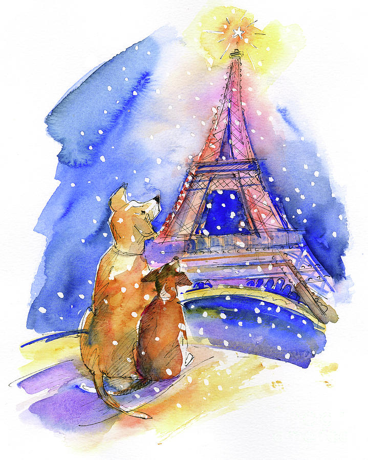 Dogs with Eiffel Tower Painting by John Keeling