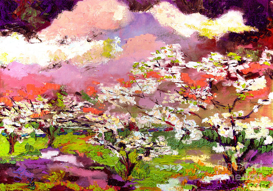 Impressionist Oil Dogwood Trees Painting by Ginette Callaway